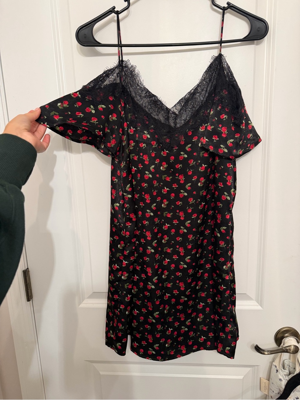 Black Slip Dress with Red Rose Print and Lace Trim